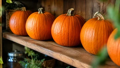 Courges orange alignees sur etagere en bois