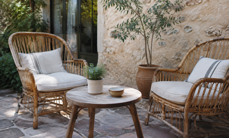 Deux fauteuils en rotin entourent une table basse