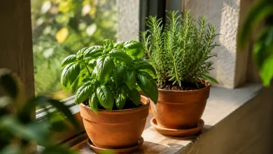 Deux pots de plantes aromatiques poses sur un rebord