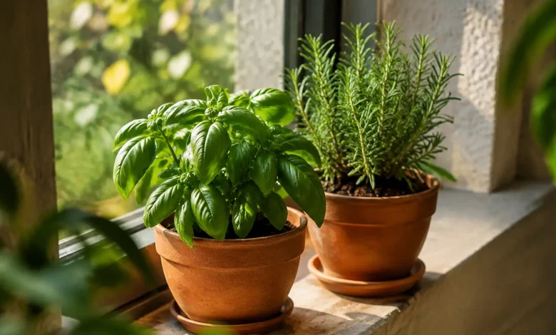 Deux pots de plantes aromatiques poses sur un rebord