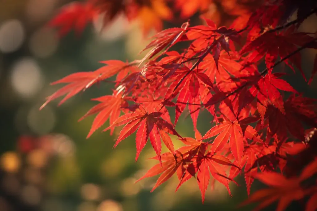 Feuillage fin rouge dans la lumiere douce du matin