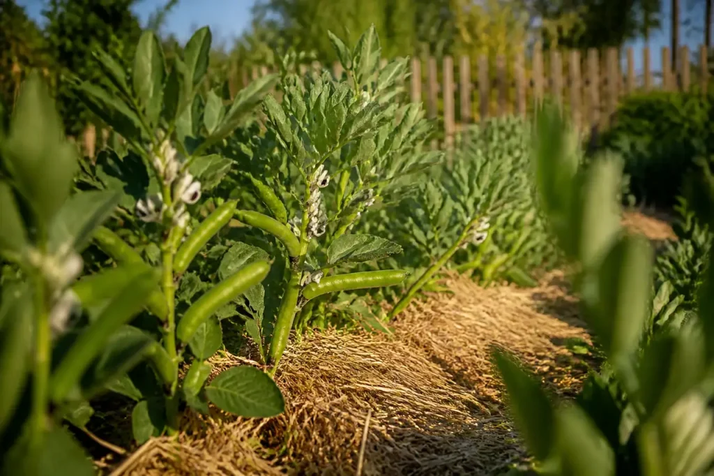 Feves au jardin, paille au pied, gousses vertes