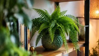 Fougere verte en pot posee sur une etagere