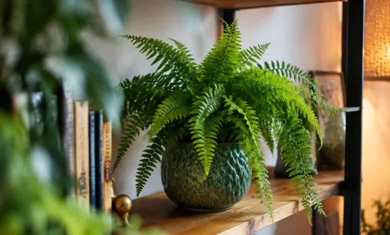 Fougere verte en pot posee sur une etagere