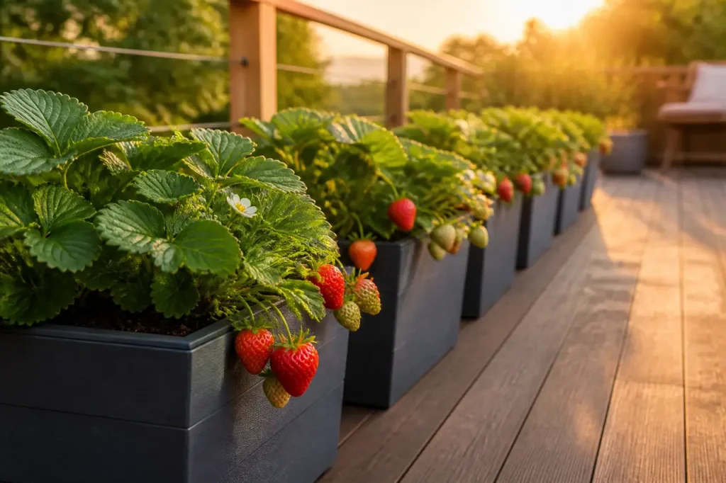 Fraisiers en bacs alignes sur une terrasse en bois