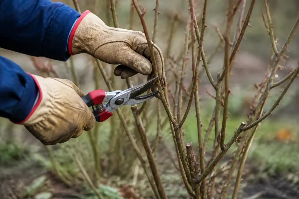Gants de jardin tenant un secateur sur rosier nu