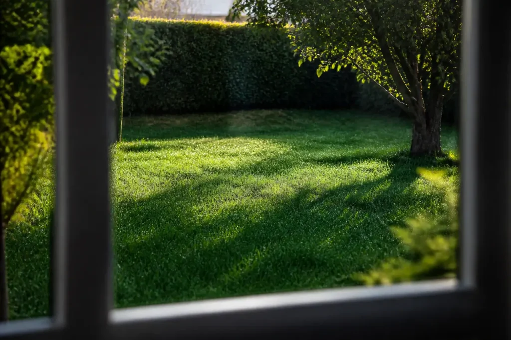 Gazon vert dense aux gouttes perlant sur les brins