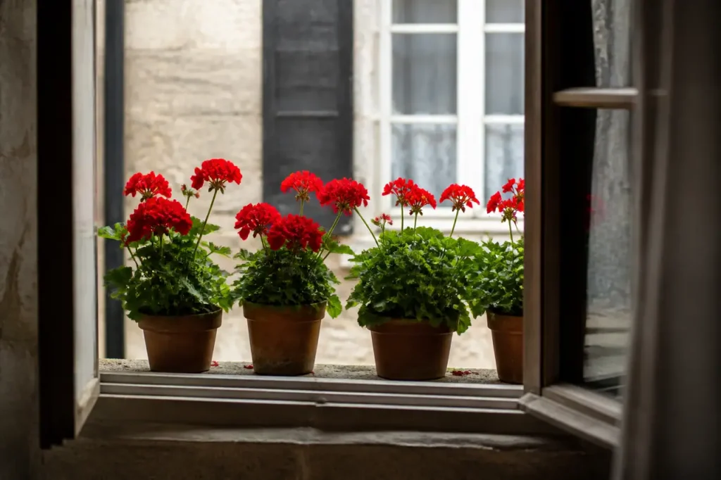 Geraniums rouges en pots alignes sur un rebord vitre