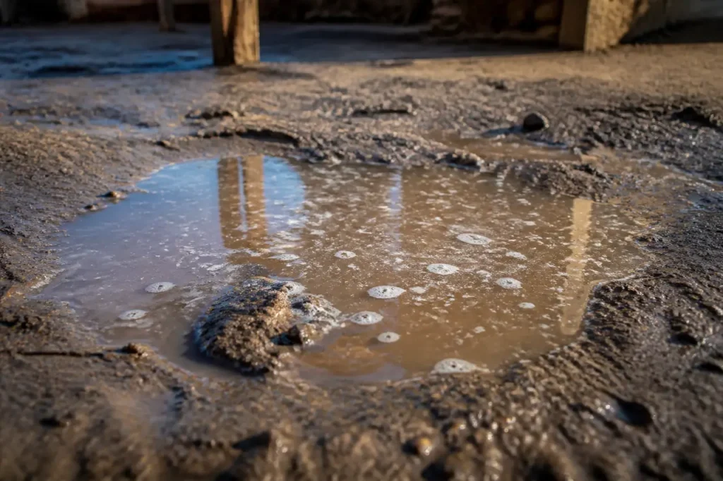 Granules blancs dissous dans flaque boueuse sur sol nu