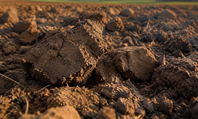 Grosses mottes d'argile brunes posees dans un champ laboure