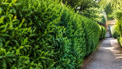 Haie dense de troenes alignee le long du chemin