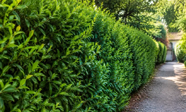 Haie dense de troenes alignee le long du chemin