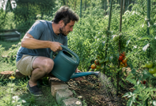 Homme accroupi arrosant des tomates dans un potager