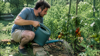 Homme accroupi arrosant des tomates dans un potager