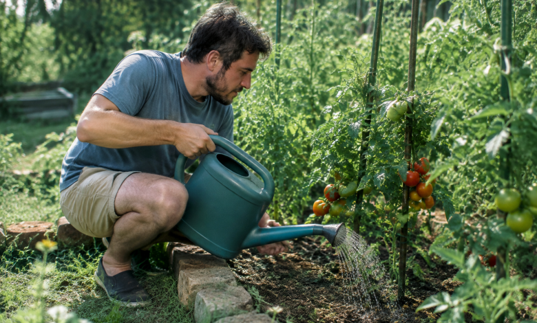 Homme accroupi arrosant des tomates dans un potager