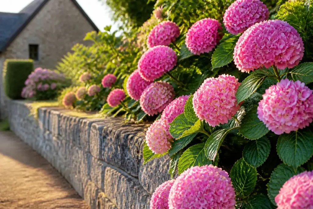 Gros hortensias roses bordant un muret de pierre grise