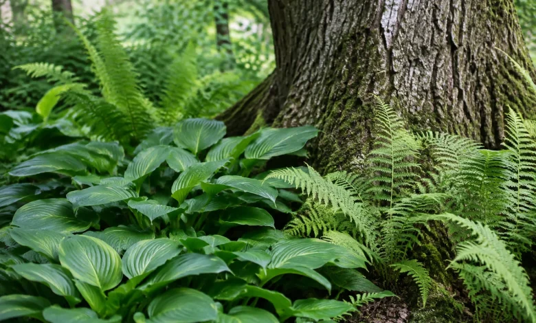 Hostas verts et fougeres bordant un vieux chene