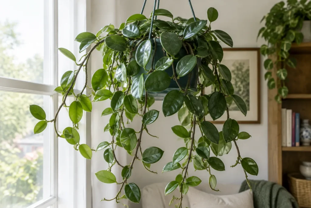 Hoya carnosa en pot suspendu près d'une fenêtre lumineuse, tiges retombantes