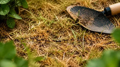 Petits insectes en file sur gazon jauni, jardinier accroupi