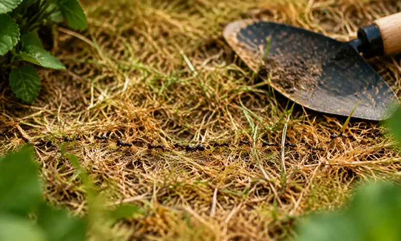 Petits insectes en file sur gazon jauni, jardinier accroupi