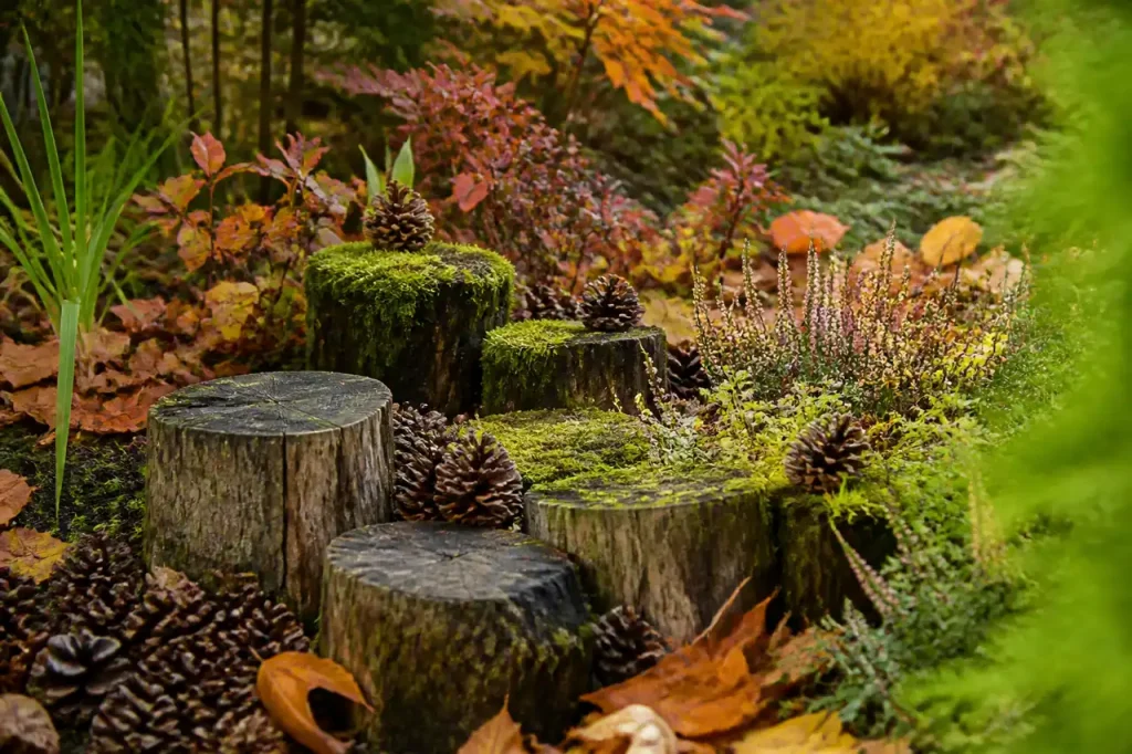 Jardin automnal avec pommes de pin et souches moussues