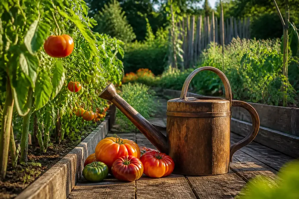 Jardin potager avec tomates anciennes et arrosoir en bois