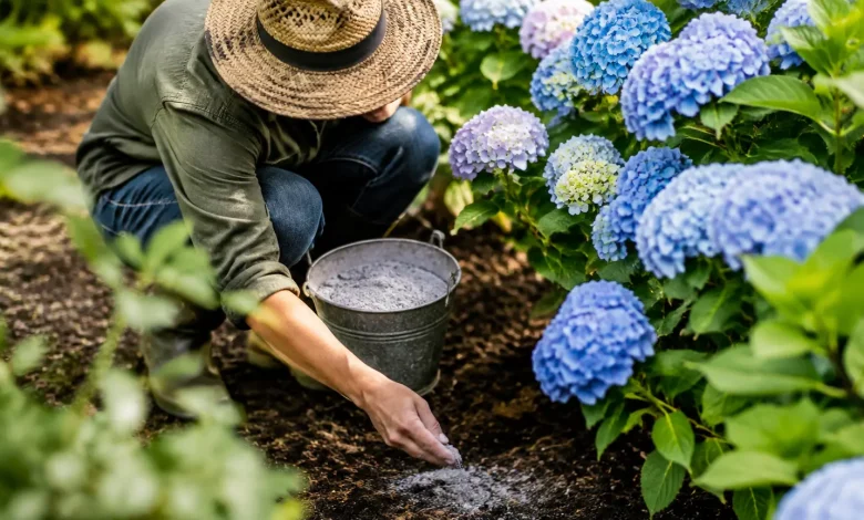 Jardinier accroupi epandant de la cendre sous des hortensias