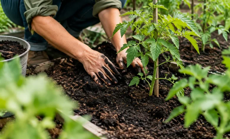 Jardinier accroupi etalant compost sombre autour des jeunes tomates