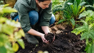 Jardinier accroupi tenant une poignee de terre sombre