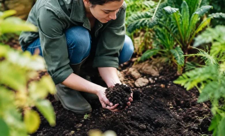 Jardinier accroupi tenant une poignee de terre sombre