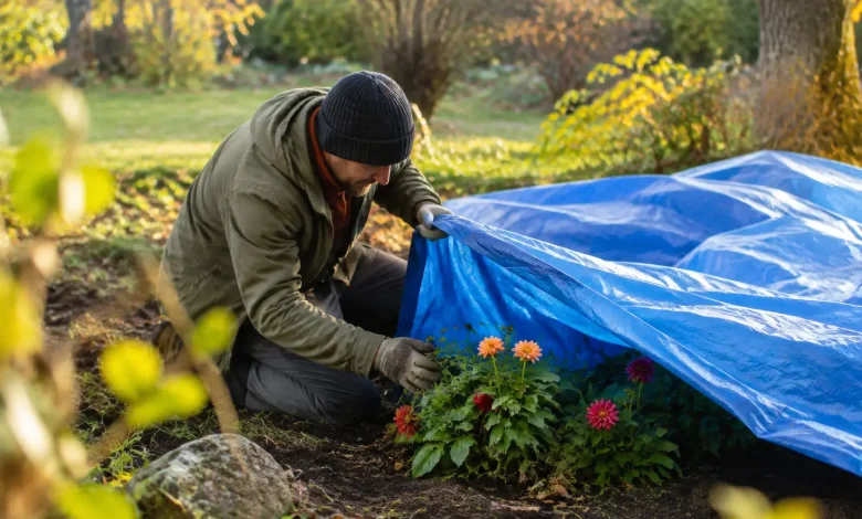 Jardinier agenouille couvrant des dahlias sous une bache bleue