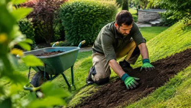 Jardinier agenouille etale terre sur pelouse en pente