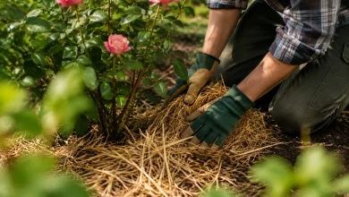 Jardinier agenouille au pied du rosier avec paille