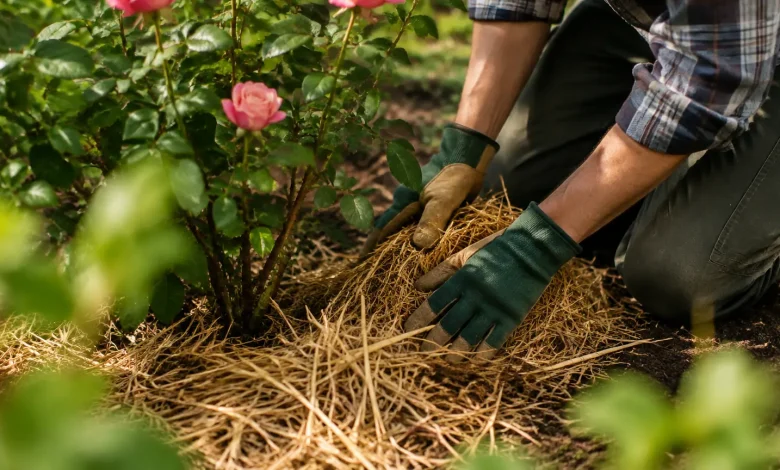 Jardinier agenouille au pied du rosier avec paille