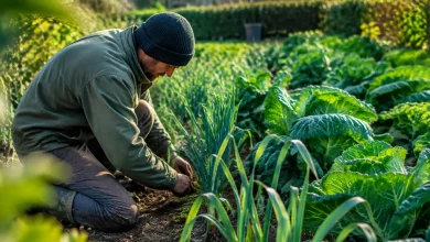 Jardinier agenouille pres de poireaux et choux verts