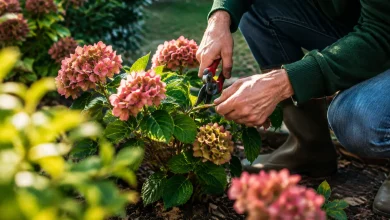 Jardinier agenouille taille un hortensia avec un secateur
