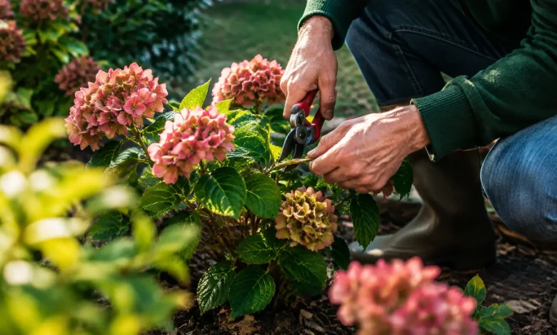 Jardinier agenouille taille un hortensia avec un secateur