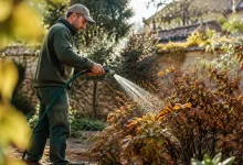Jardinier debout arrosant des arbustes aux feuilles brunies