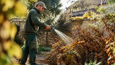 Jardinier debout arrosant des arbustes aux feuilles brunies