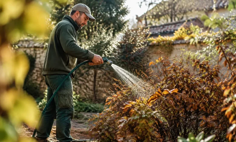 Jardinier debout arrosant des arbustes aux feuilles brunies