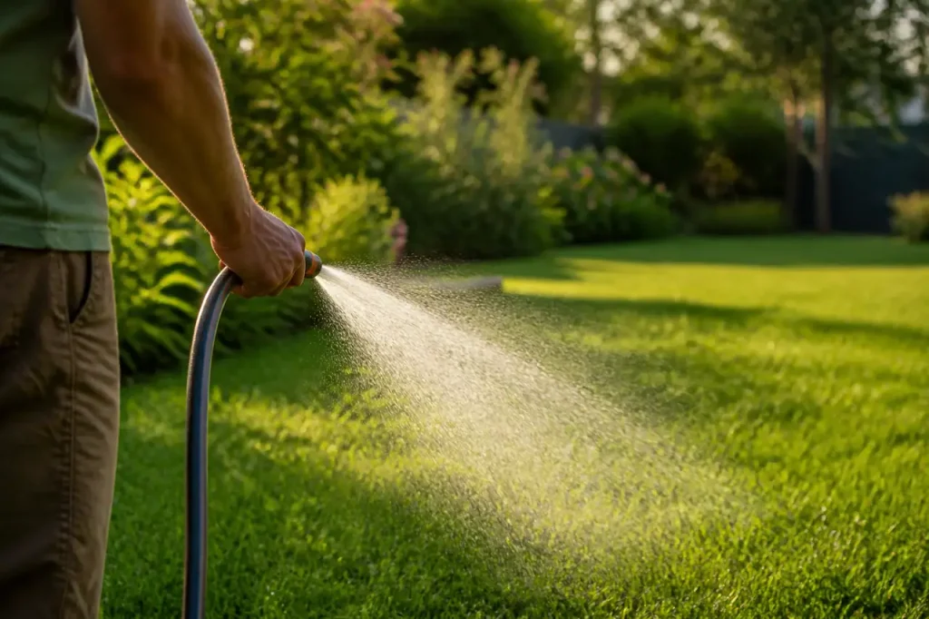 Jardinier arrosant une pelouse verte avec un tuyau