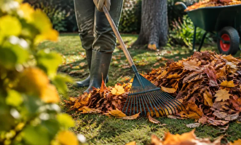 Jardinier debout ratissant un tas de feuilles mortes