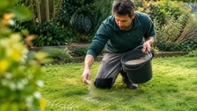 Jardinier agenouille epandant du sable sur une pelouse verte