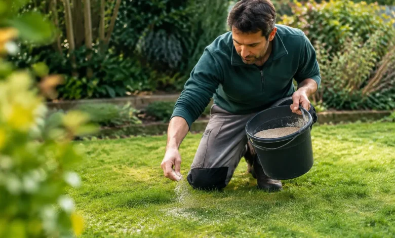 Jardinier agenouille epandant du sable sur une pelouse verte