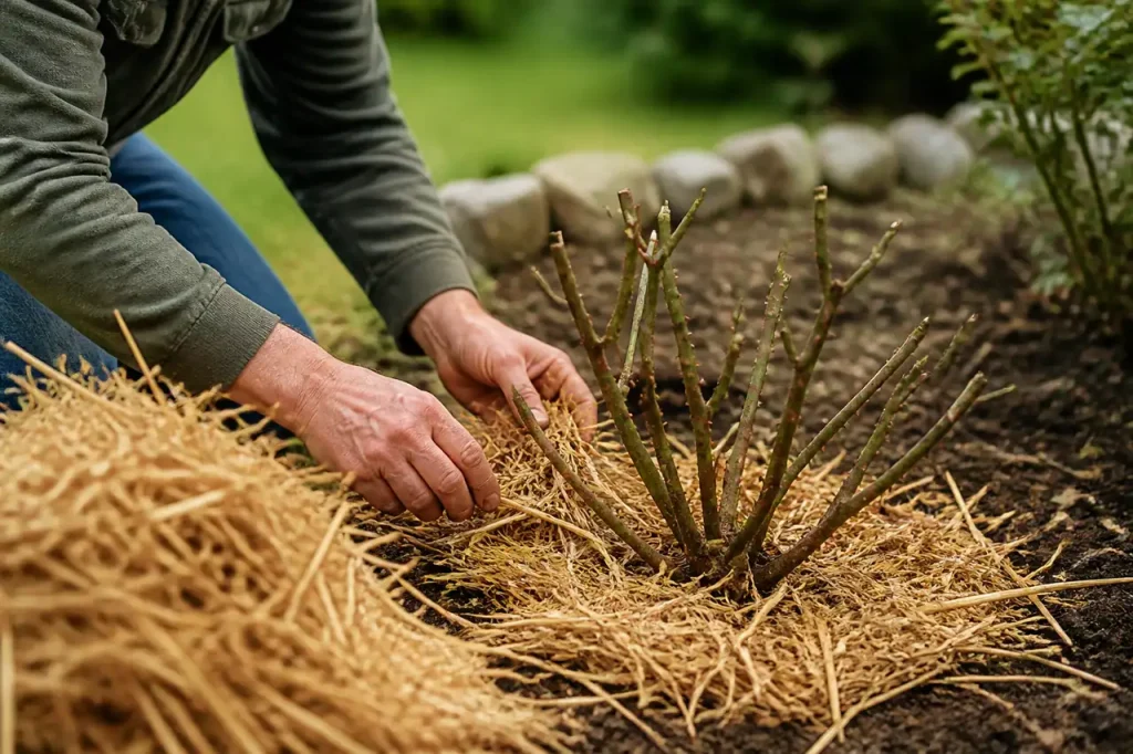 Jardinier etale de la paille sur un rosier