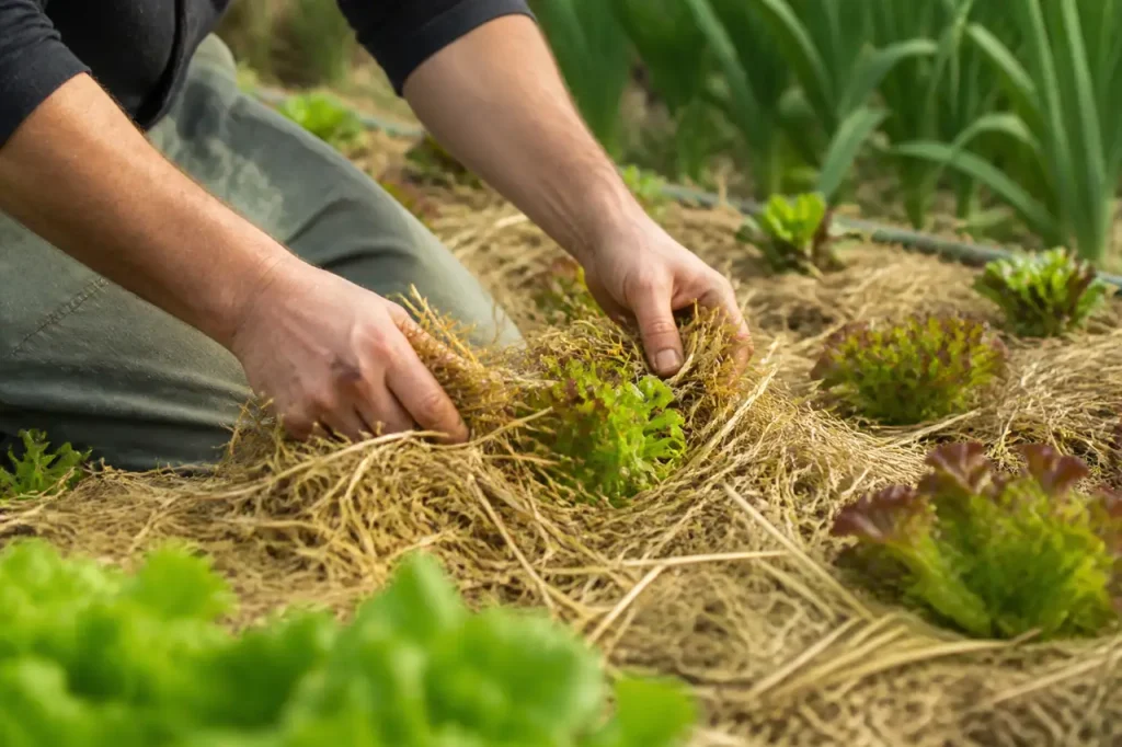 Jardinier etale de la paille entre des salades