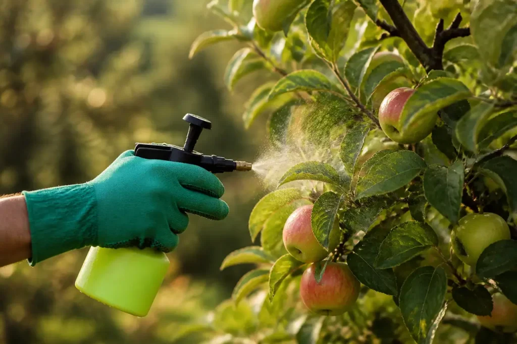 Jardinier en gants verts pulverisant un pommier