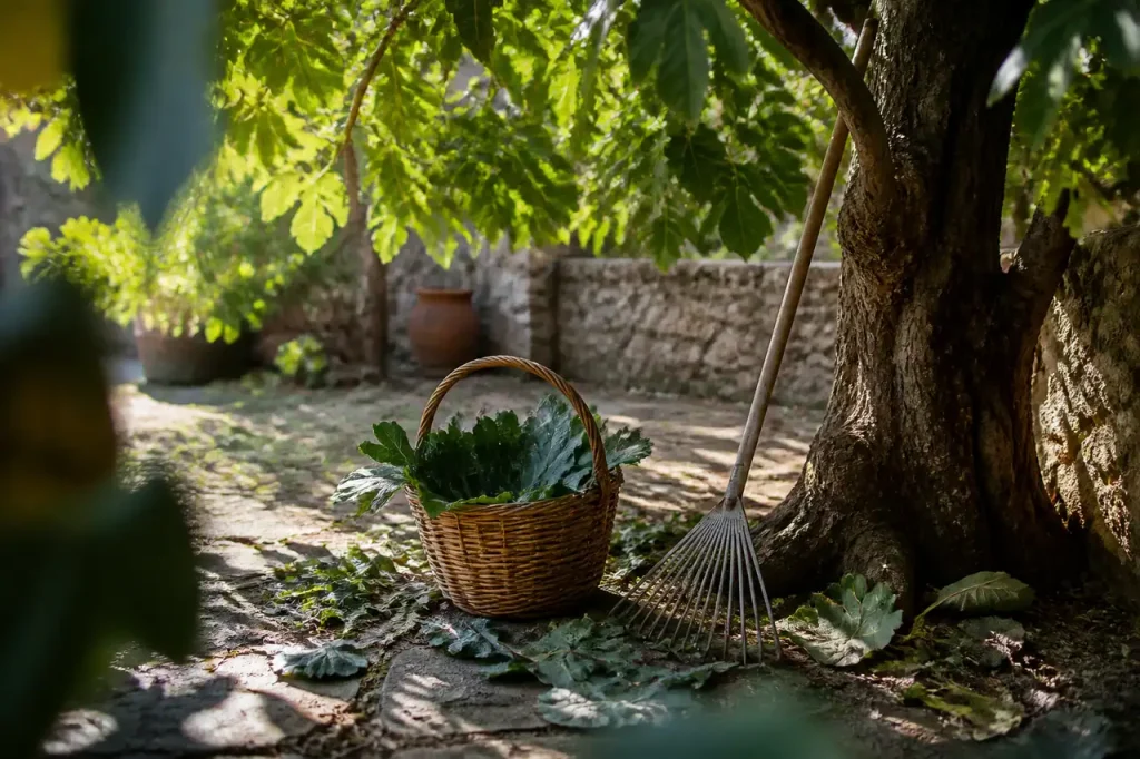 Jardinier remplit un panier de feuilles sous le figuier