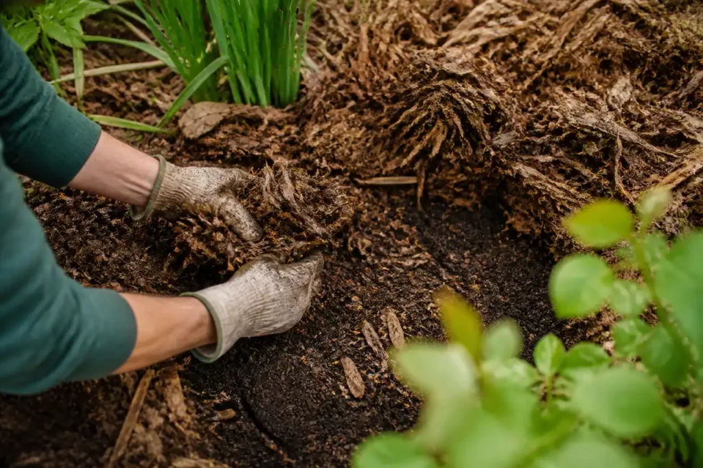 Jardinier retire paillage brun sur terre sombre et humide