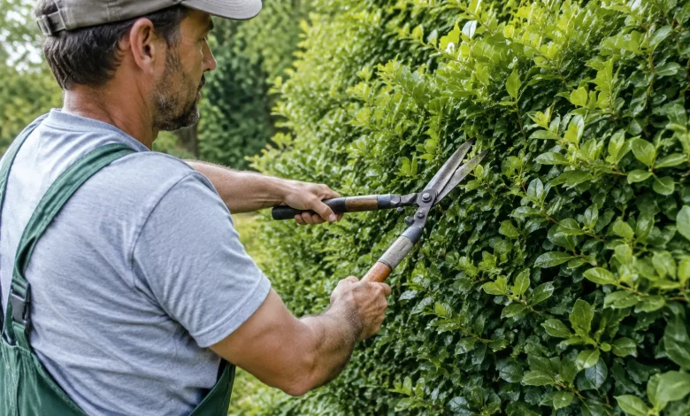 Jardinier taillant un feuillage vert dense avec cisailles